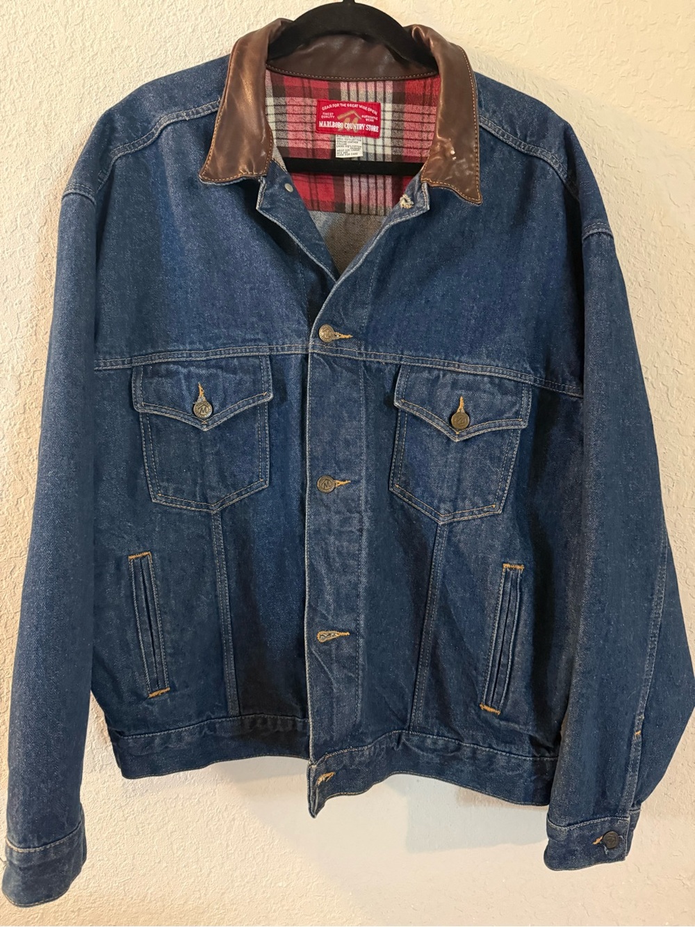 Vintage Marlboro Country Store Denim Jacket Men’s L Blue Denim Leather Collar